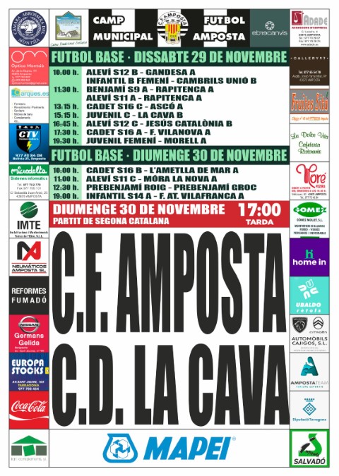 Jornada 11 SEGONA CATALANA GRUP 6. Diumenge 30 de novembre 17:00 hores: CF AMPOSTA - CD LA CAVA